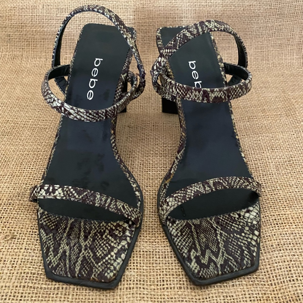 Bebe snakeskin print strappy heels